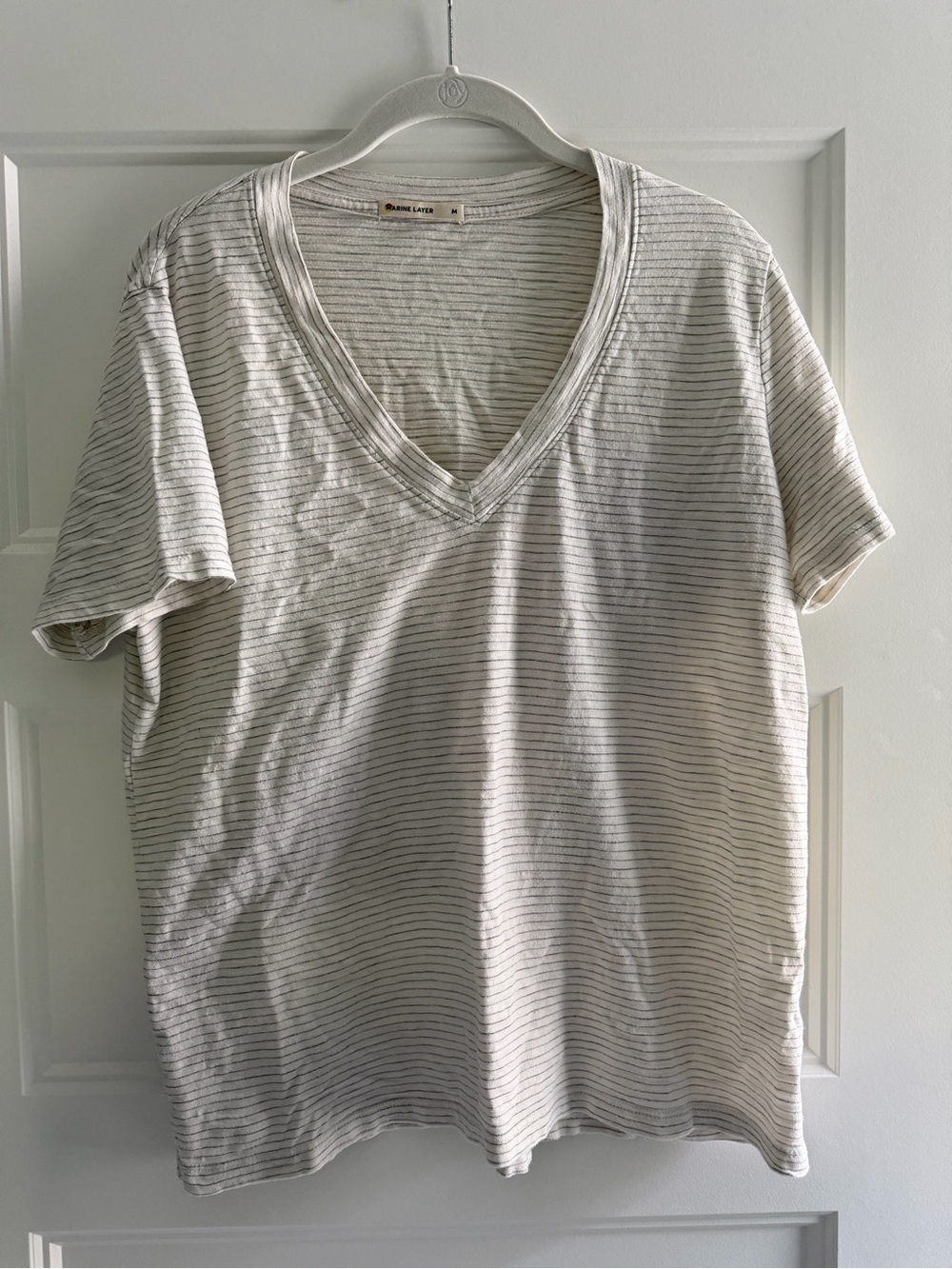 Boyfriend V-Neck Tee in cream with Heather Grey Stripe - Medium